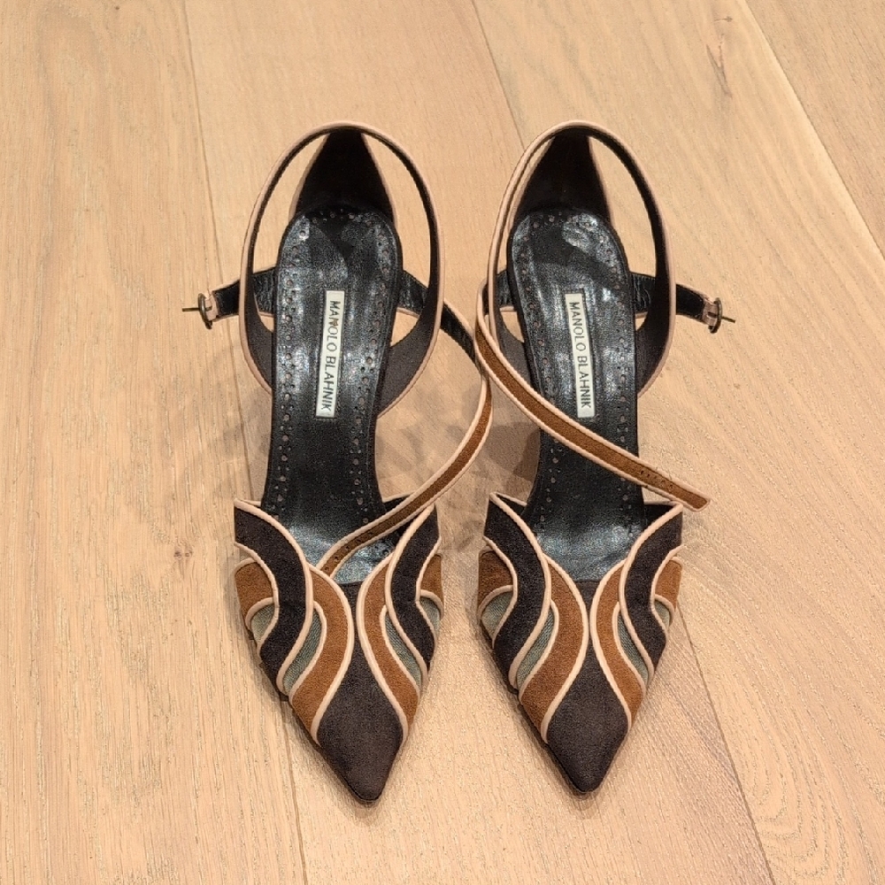 Manolo Blahnik Black and Brown Sculpted Strap Pointed-Toe Heels